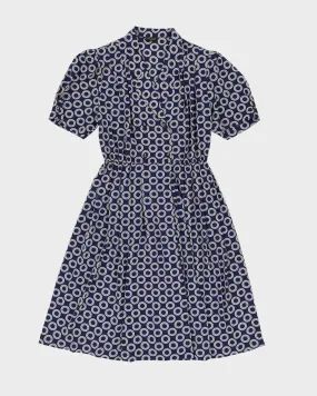 00s Blue With White Pattern Tea Dress - M