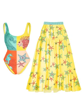 2PS Starfish Print One Piece With Bathing Suit Swing Skirt