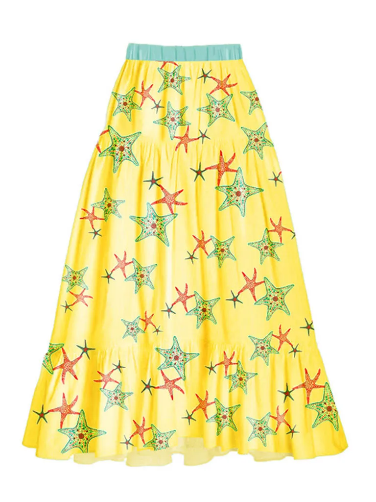 2PS Starfish Print One Piece With Bathing Suit Swing Skirt