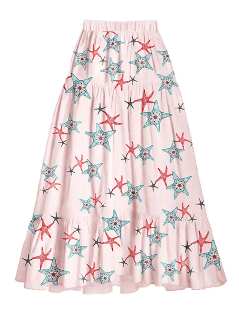 2PS Starfish Print One Piece With Bathing Suit Swing Skirt