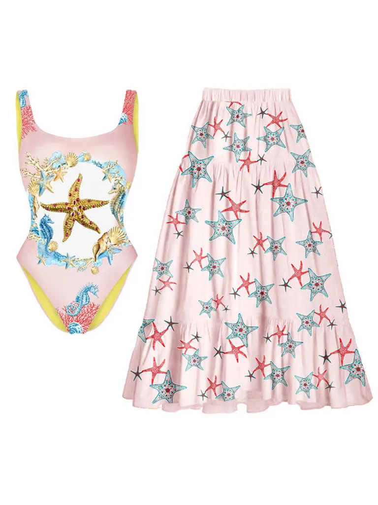 2PS Starfish Print One Piece With Bathing Suit Swing Skirt