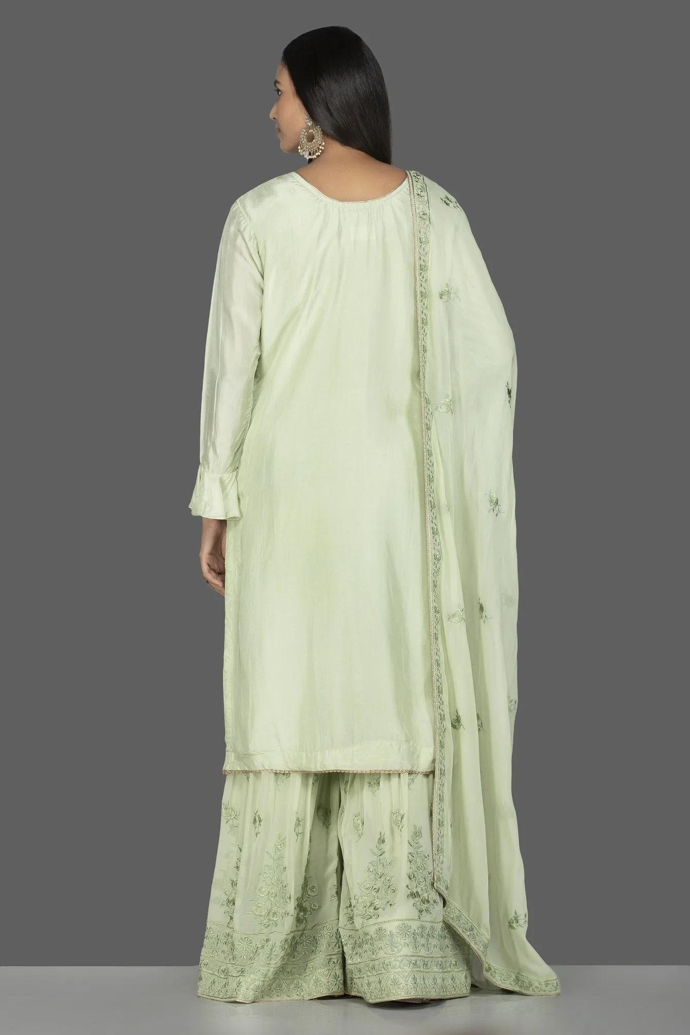 502434 Elegant Mint Green Embroidered Suit with Palazzo and Dupatta