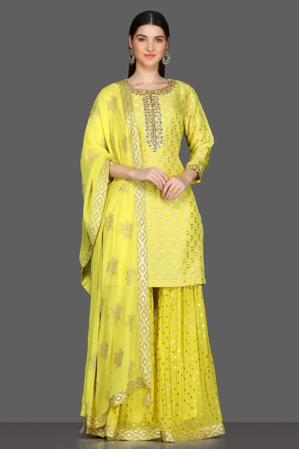 502586 Lemon Yellow Embroidered Sharara Suit with Dupatta