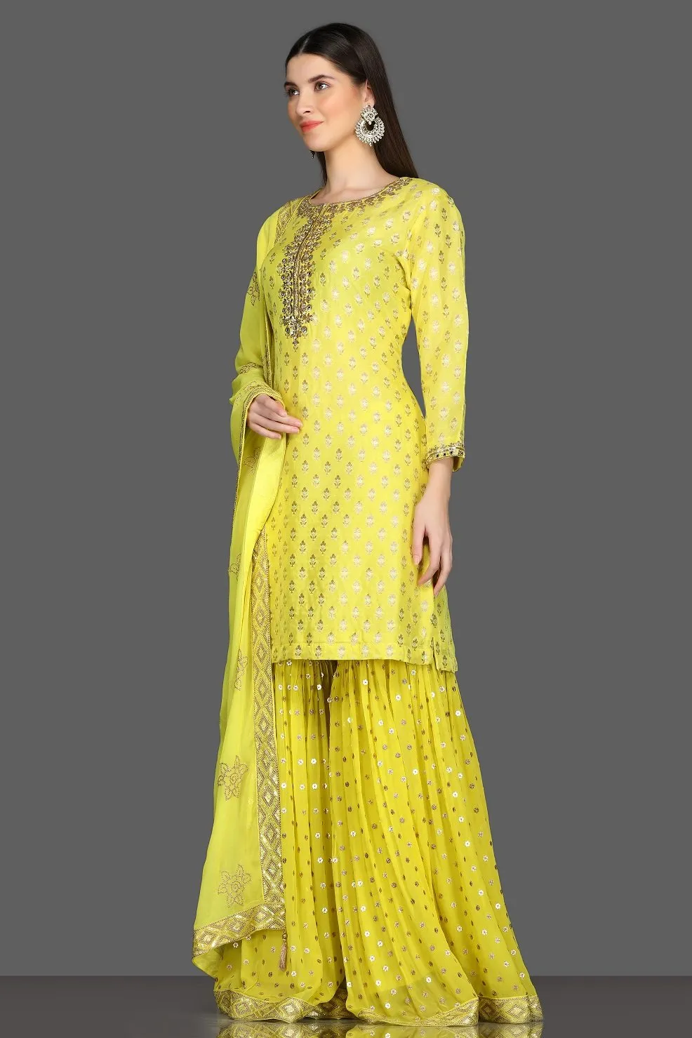 502586 Lemon Yellow Embroidered Sharara Suit with Dupatta