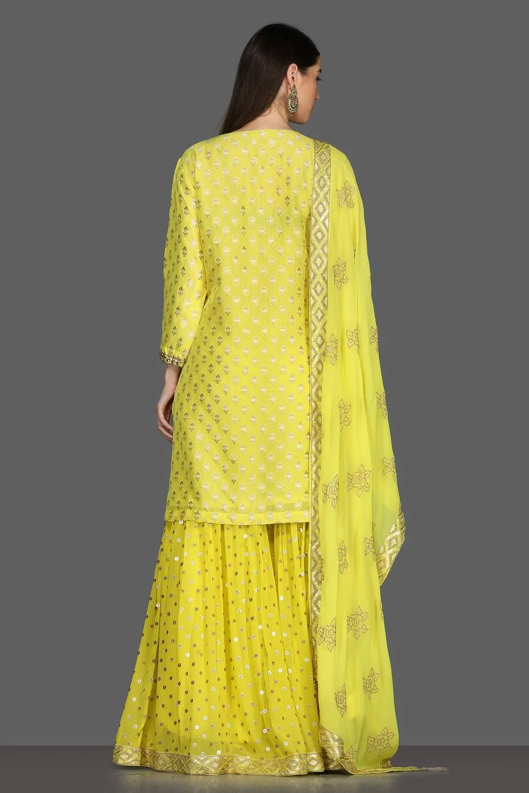 502586 Lemon Yellow Embroidered Sharara Suit with Dupatta