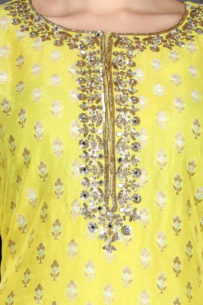 502586 Lemon Yellow Embroidered Sharara Suit with Dupatta