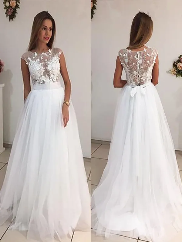 A-line Bateau Neck Cap Sleeves Appliques Tulle Wedding Dresses With Train, WD0412