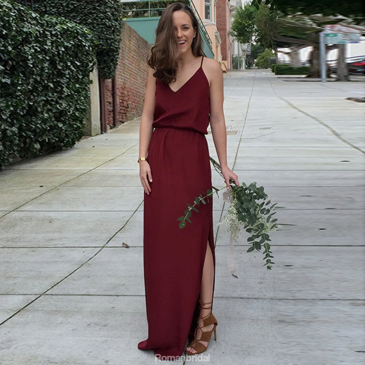 A Line V Neck Spaghetti Straps Burgundy Long Bridesmaid Dresses, BD0037