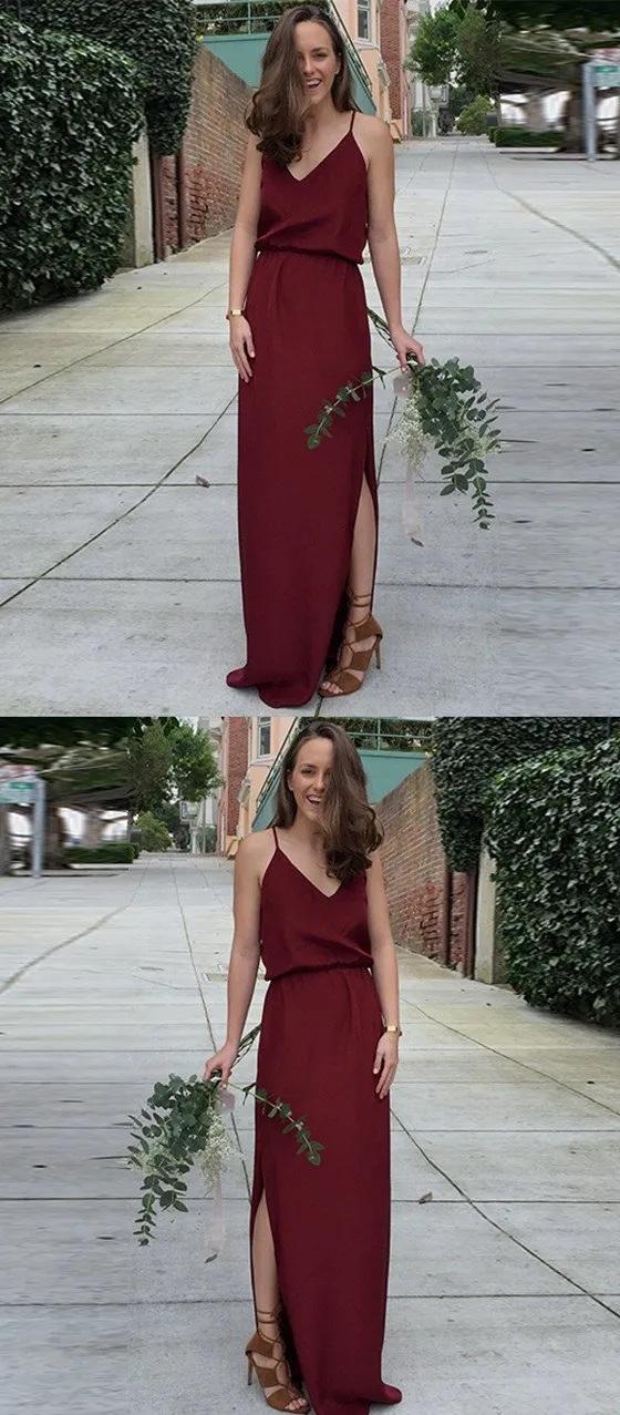 A Line V Neck Spaghetti Straps Burgundy Long Bridesmaid Dresses, BD0037