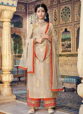 Admirable Beige Color Georgette Base Straight Cut Palazzo Suit