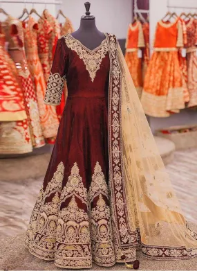 Admirable Maroon Velvet Base Embroidered Anarkali Style Suit