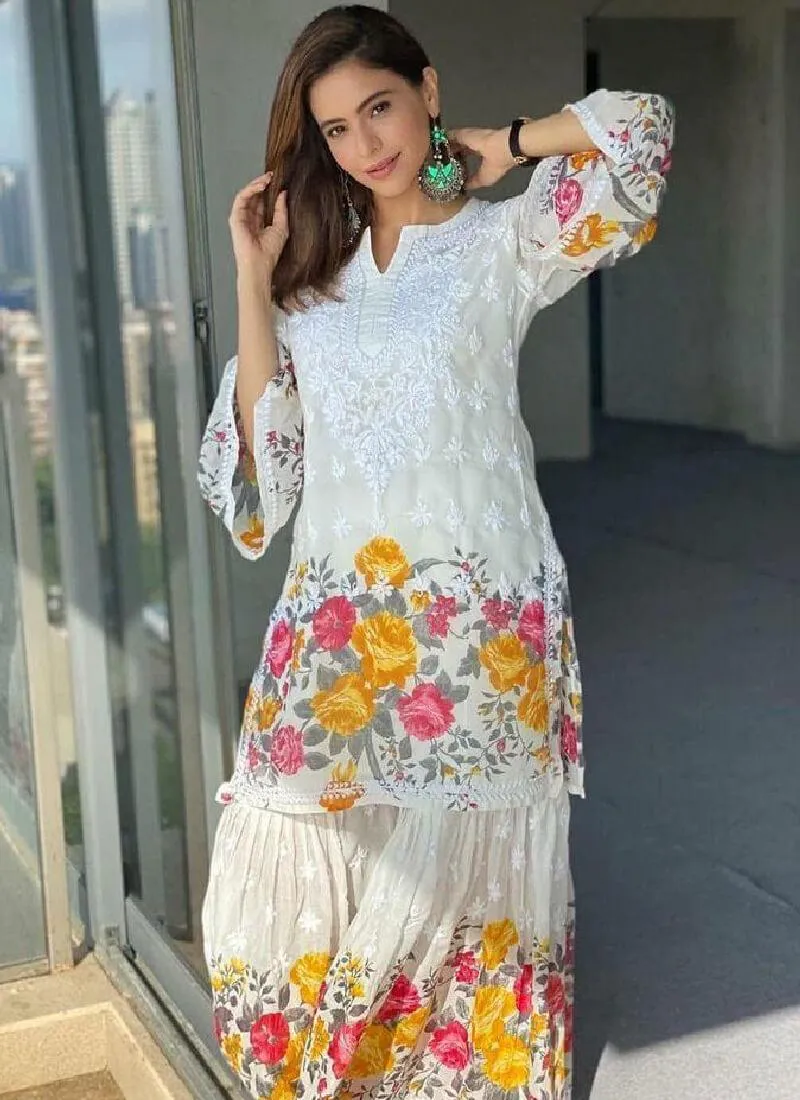 Admirable White Color Georgette Base Chikankari Sharara Suit