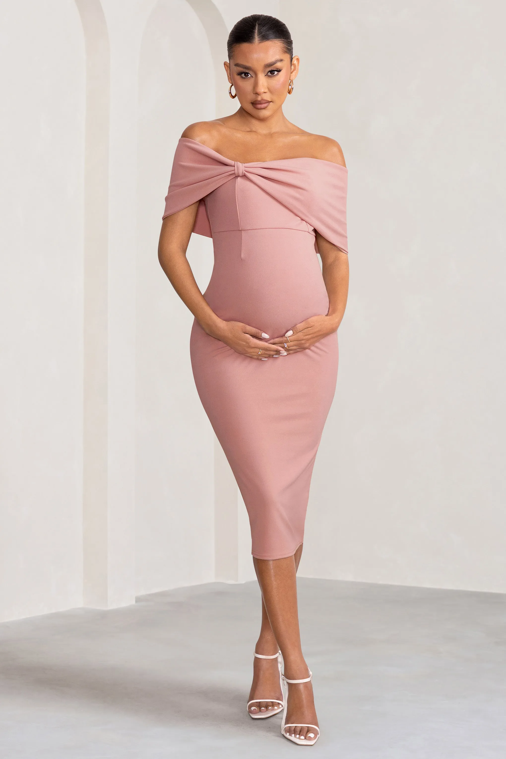 Alyssa | Blush Bardot Bow Maternity Midi Dress with Ruching