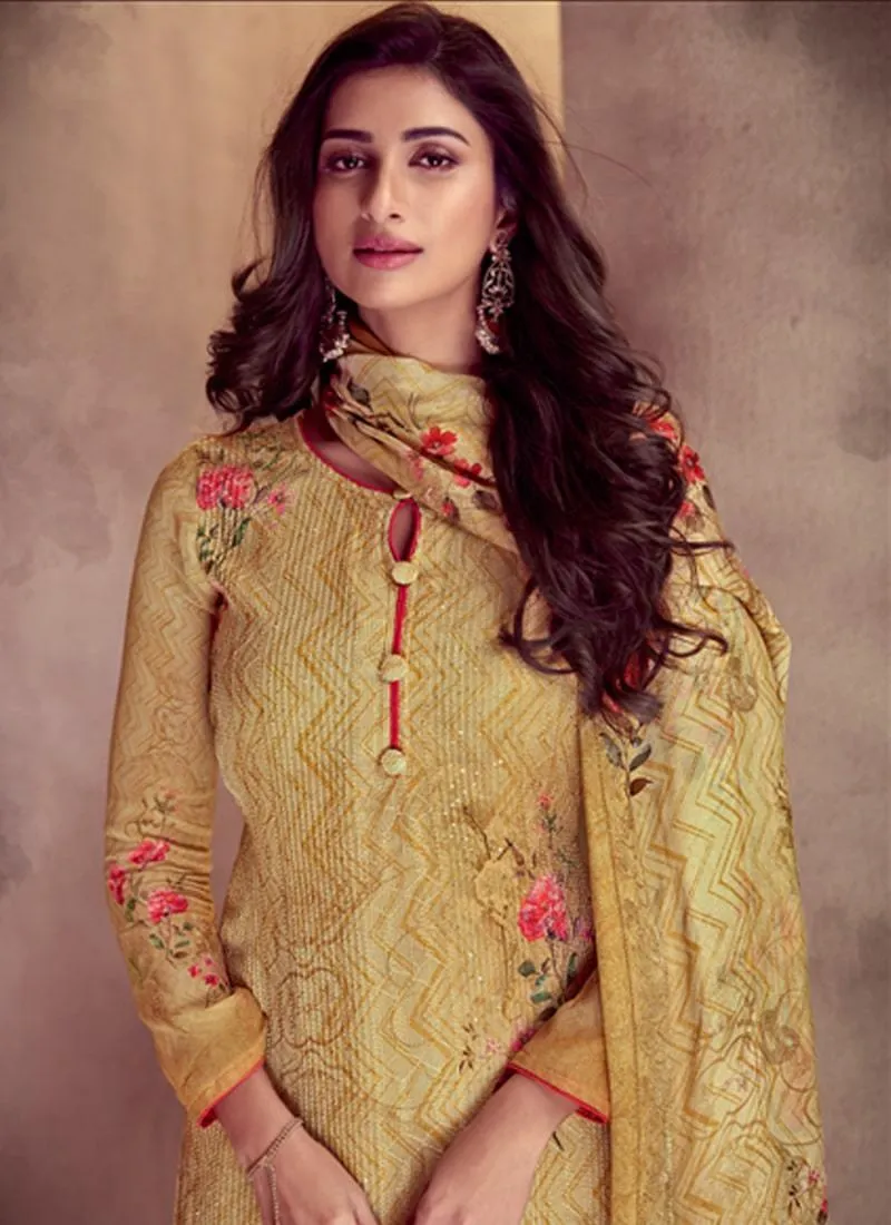 Amazing Yellow Color Cotton Fabric Printed Palazzo Salwar Suit With Dupatta