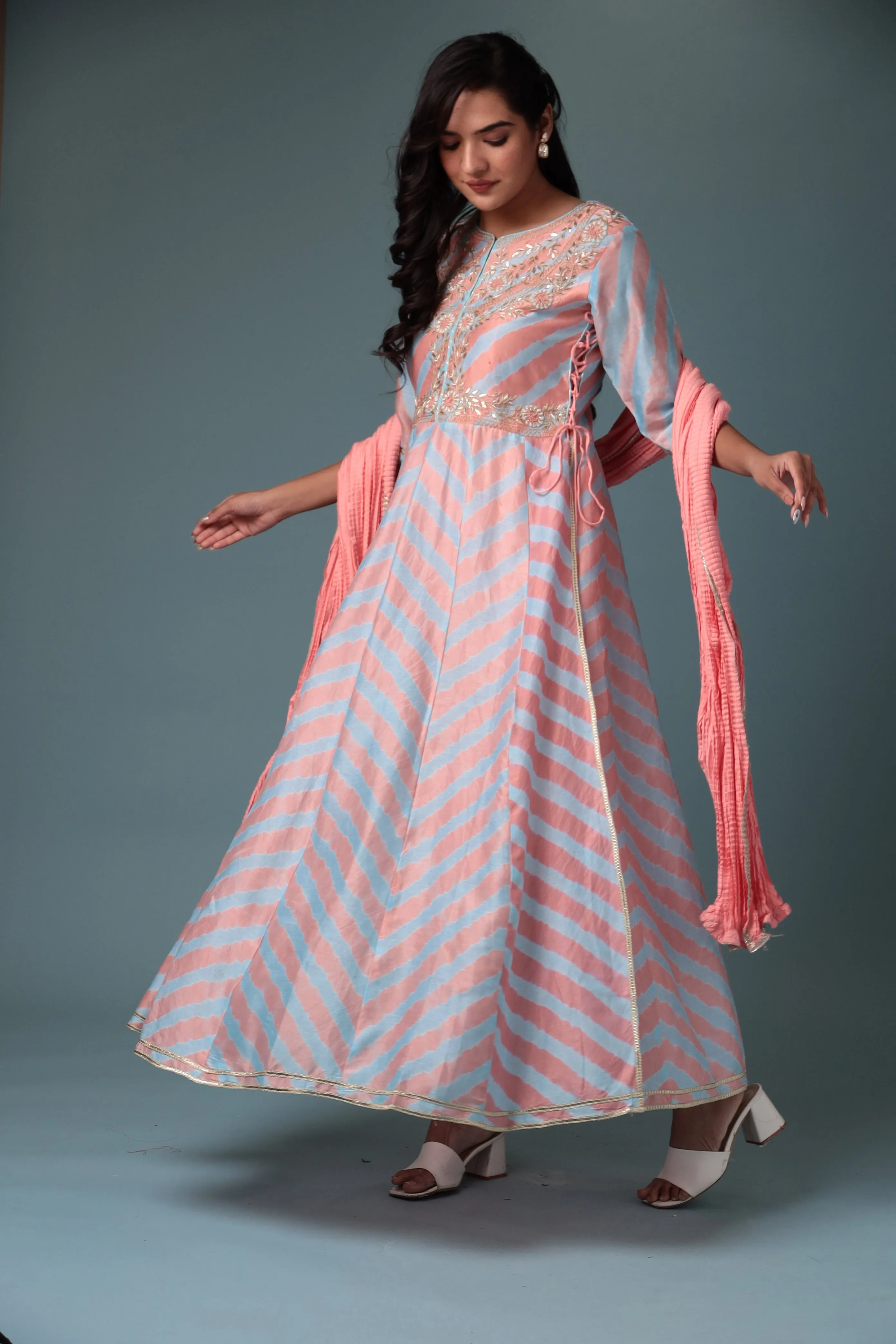 Anarkali Leheriya Chanderi Suit with Gota Patti work.