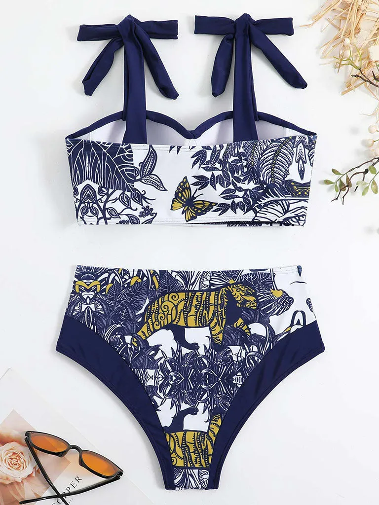 Animal Floral Print Strap Two Pieces With Bathing Suit Wrap Skirt