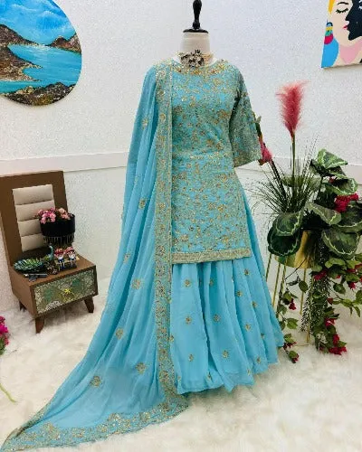 Aqua Blue Georgette Sequence Embroidered Lehenga Suit Set