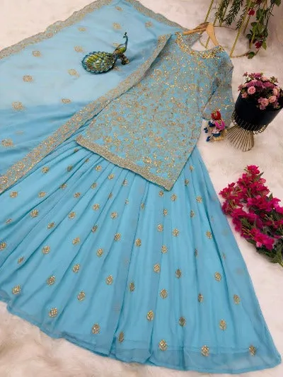 Aqua Blue Georgette Sequence Embroidered Lehenga Suit Set