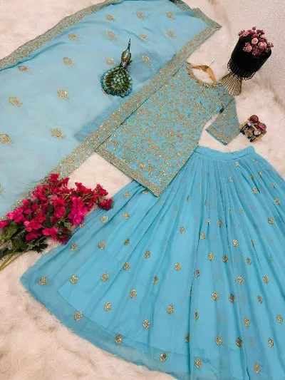 Aqua Blue Georgette Sequence Embroidered Lehenga Suit Set