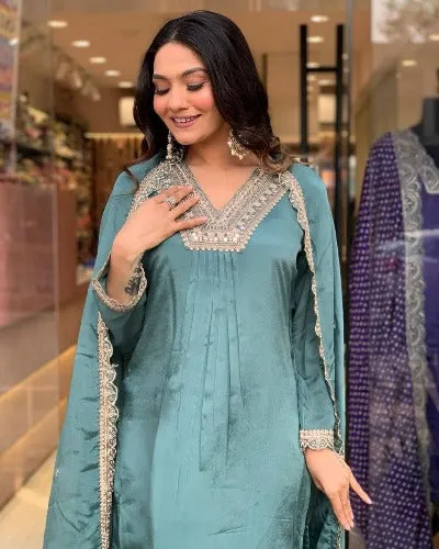 Aqua Green Chinon Silk Embroidered Sharara Suit Set