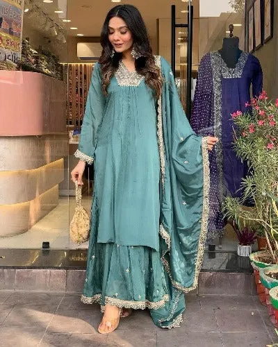 Aqua Green Chinon Silk Embroidered Sharara Suit Set