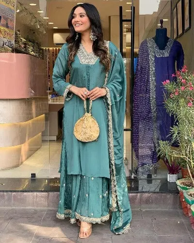 Aqua Green Chinon Silk Embroidered Sharara Suit Set