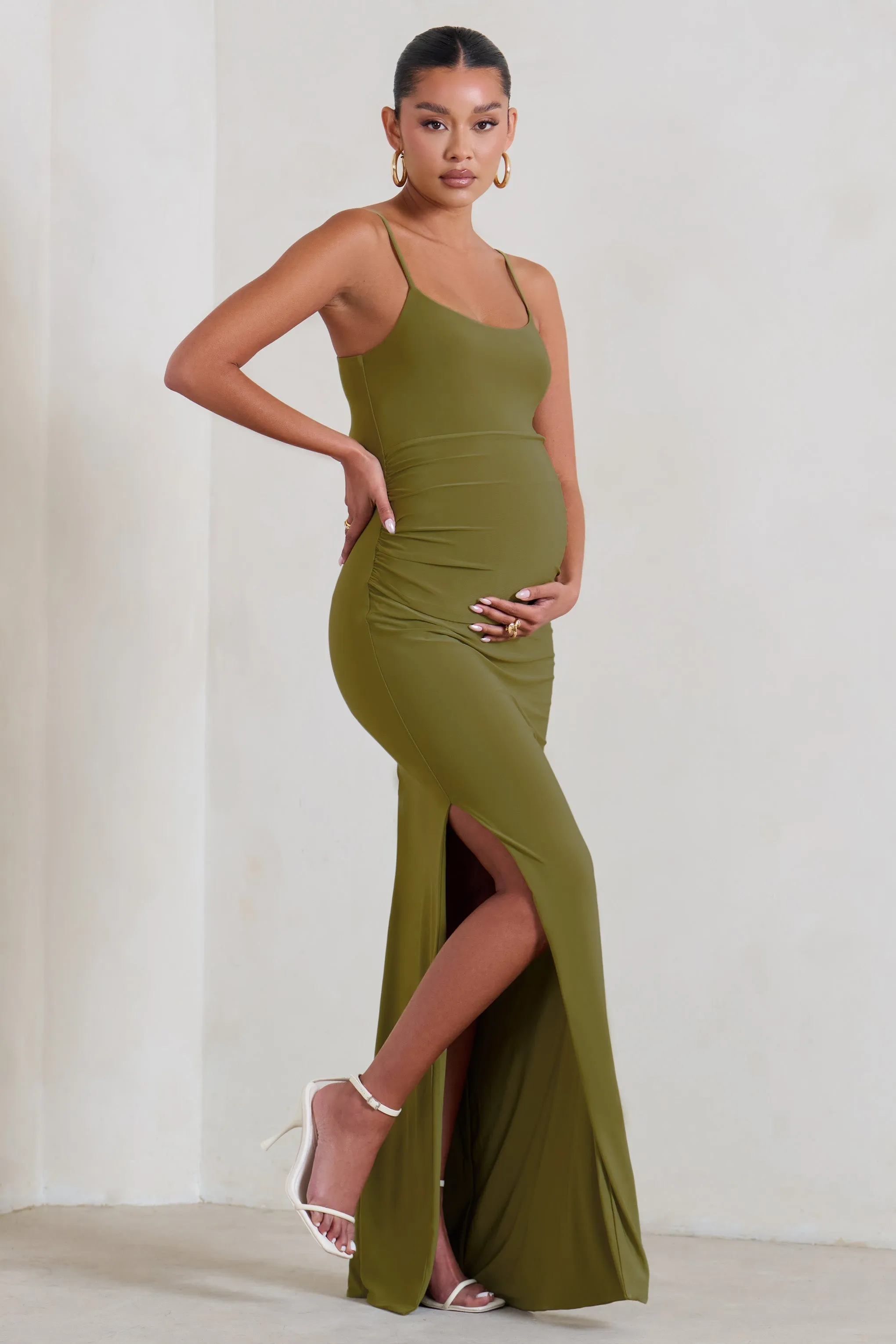 Aurelia | Olive Green Maternity Cami Maxi Dress With Split