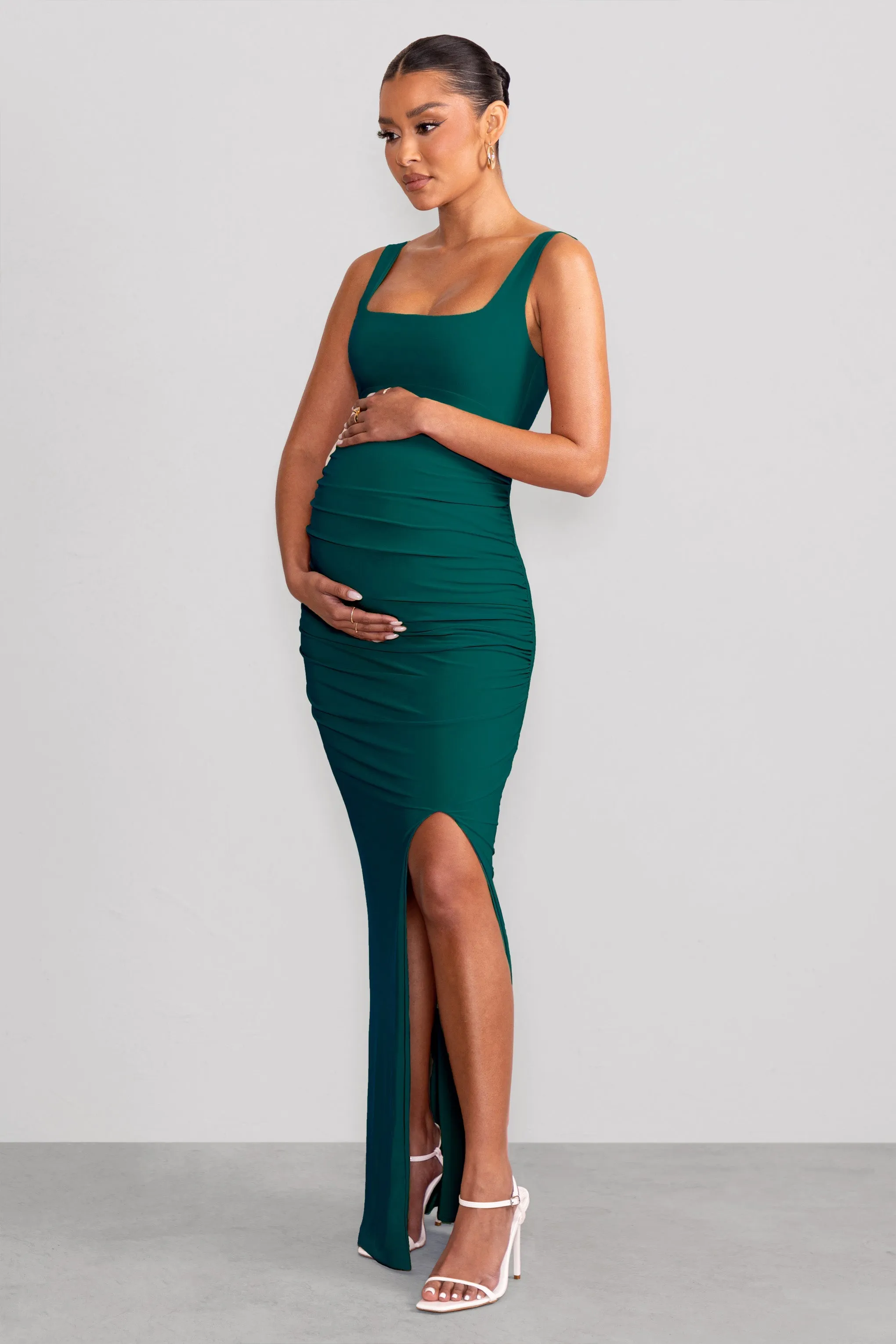 Avril | Bottle Green Square Neck Maternity Maxi Dress with Split