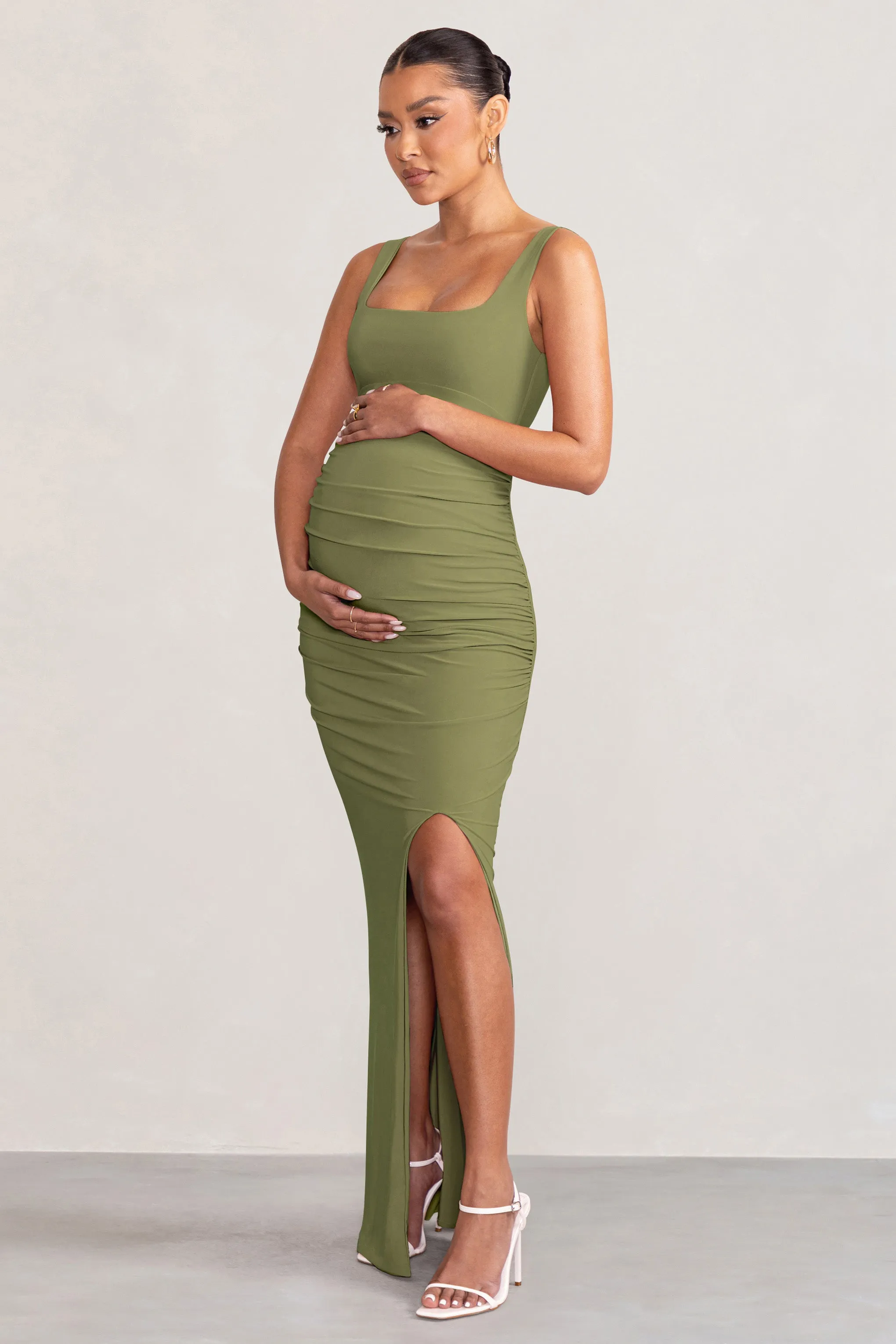 Avril | Olive Square Neck Maternity Maxi Dress with Split