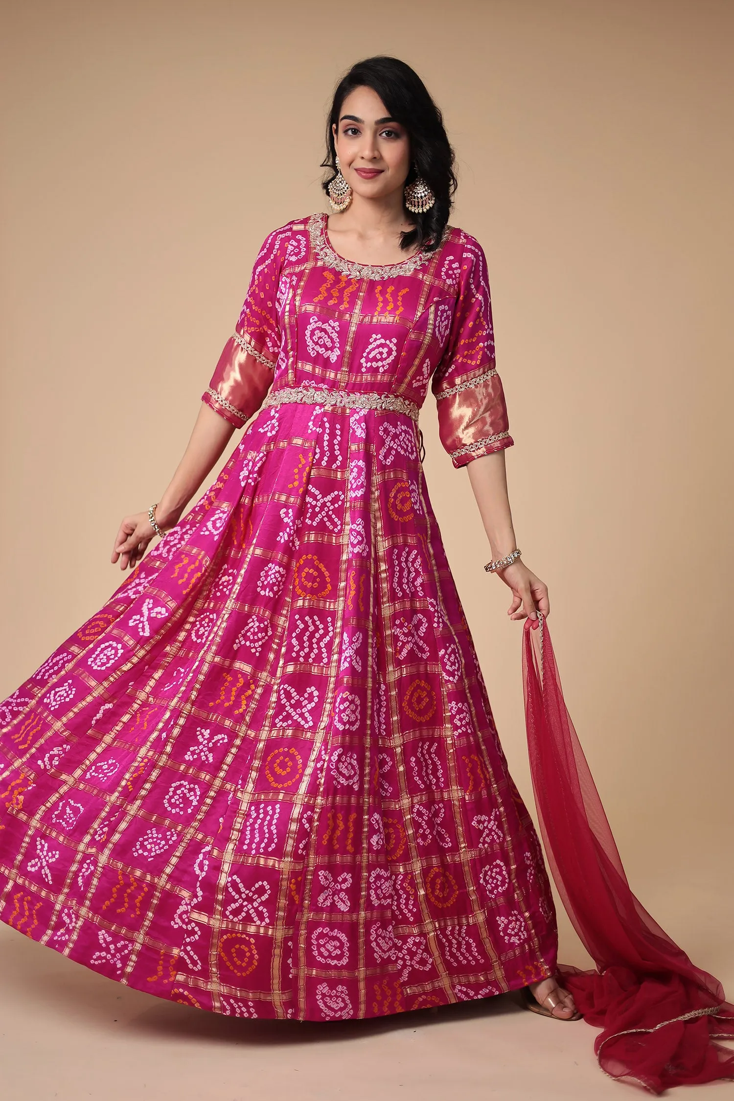 Bandhej Anarkali Ghatchola Silk Suit with Zardozi work