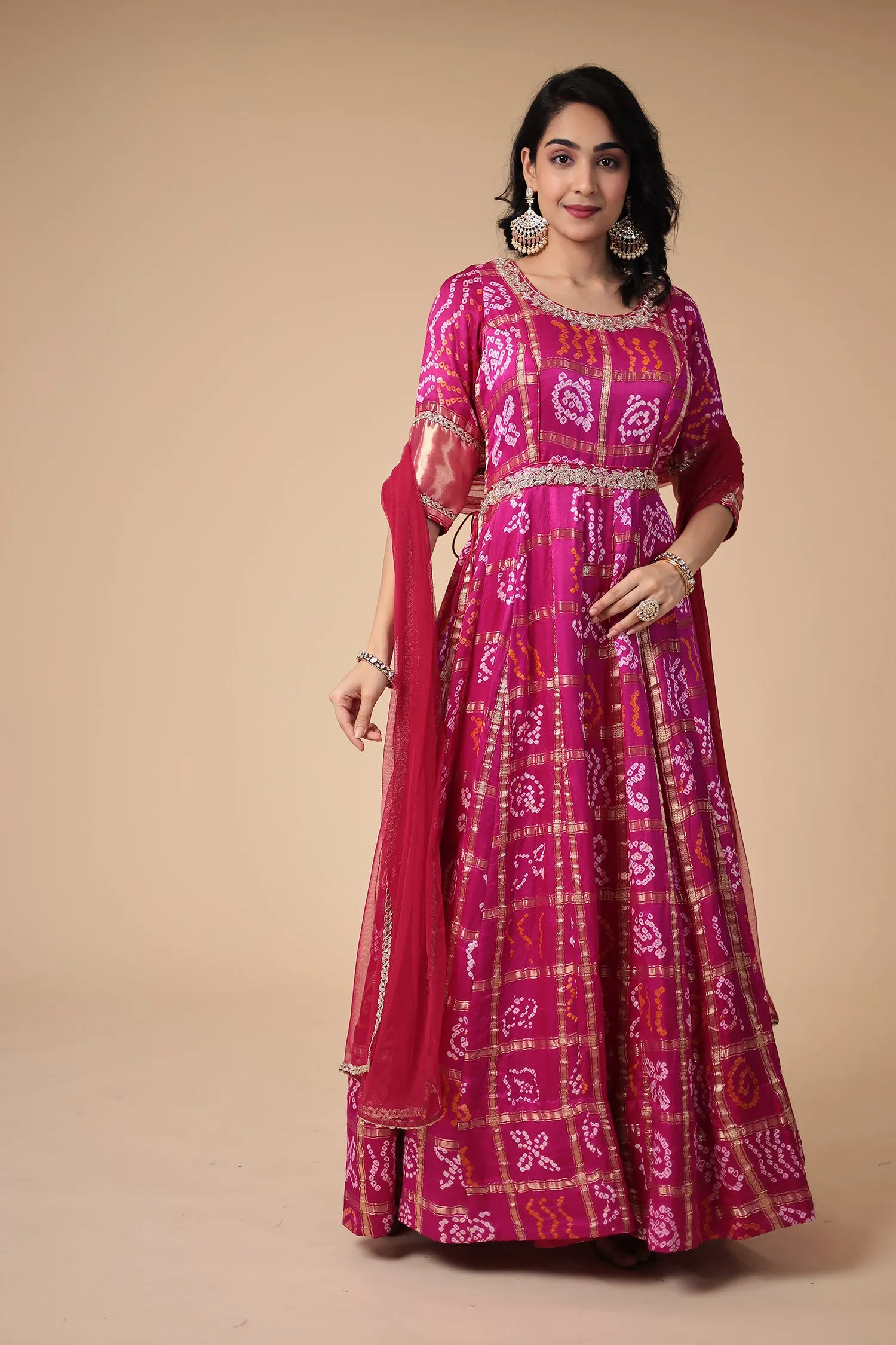 Bandhej Anarkali Ghatchola Silk Suit with Zardozi work