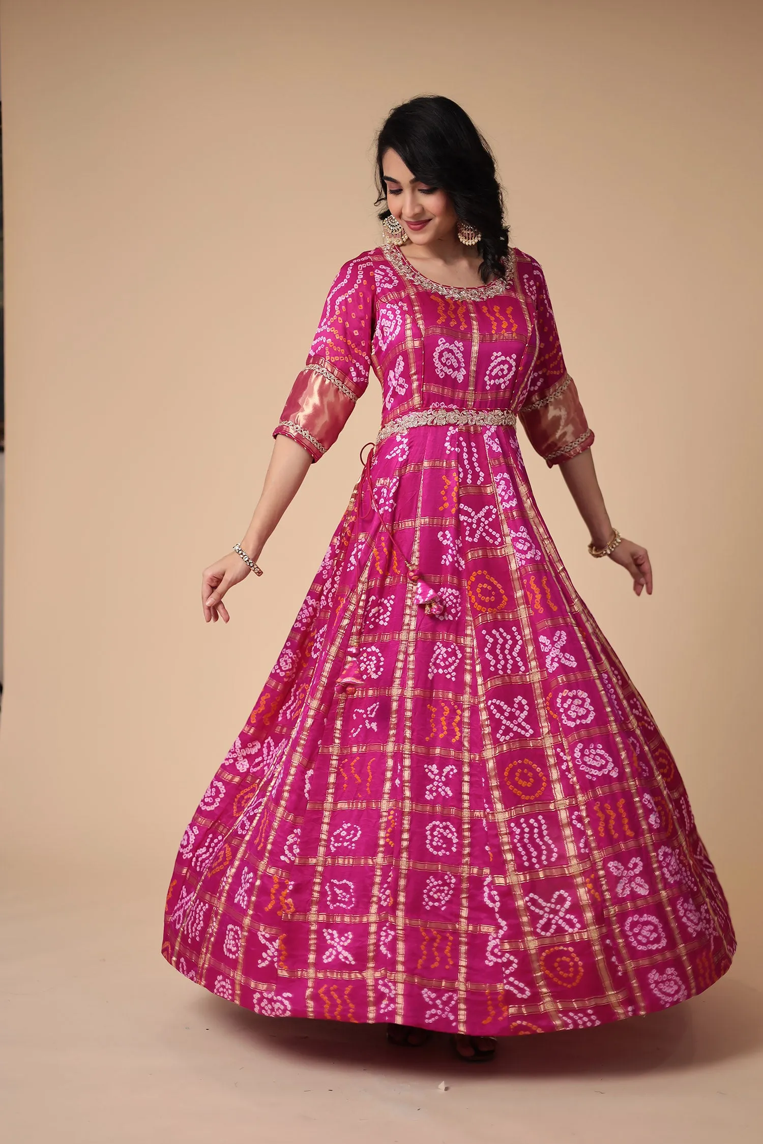 Bandhej Anarkali Ghatchola Silk Suit with Zardozi work