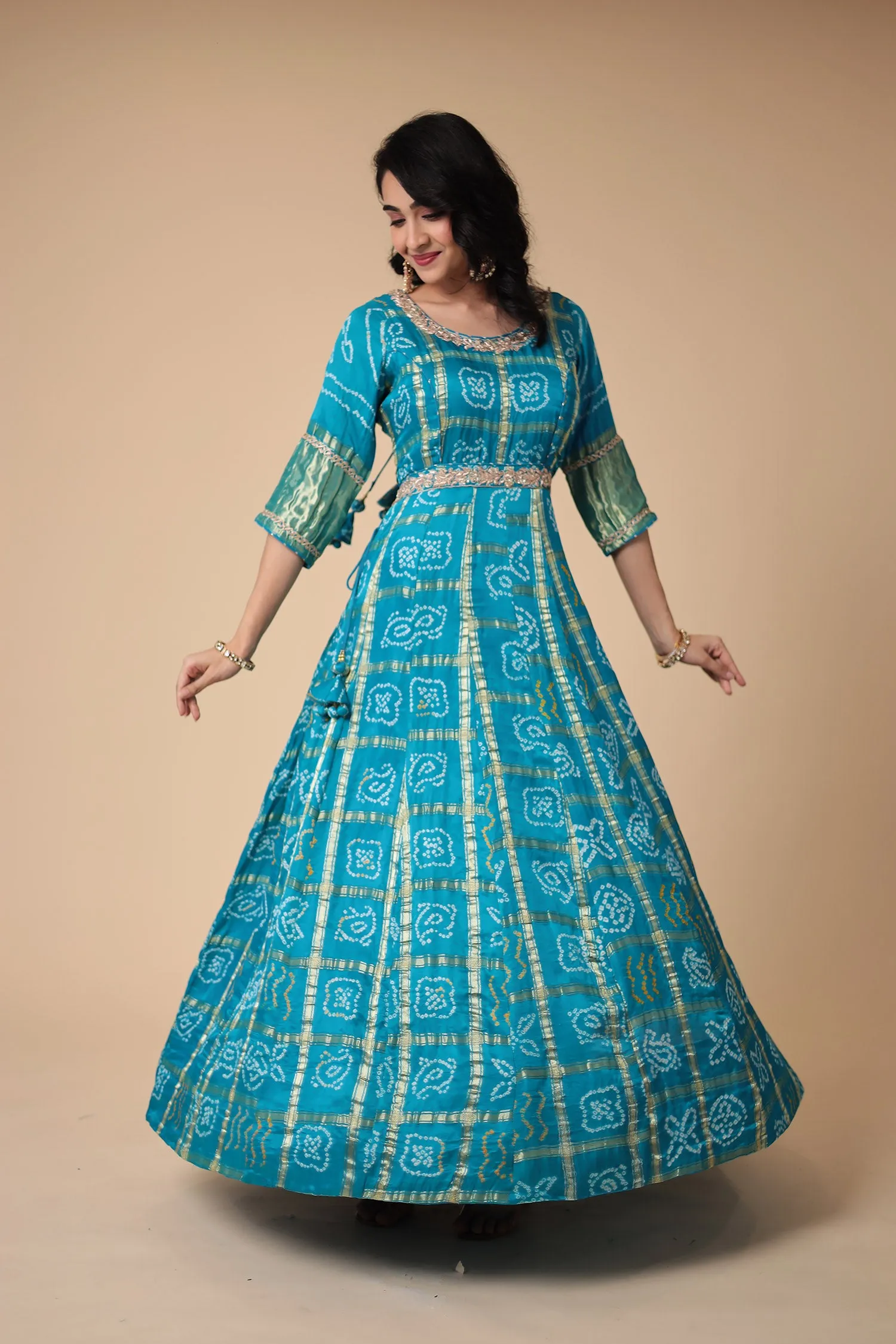 Bandhej Anarkali Ghatchola Silk Suit with Zardozi work