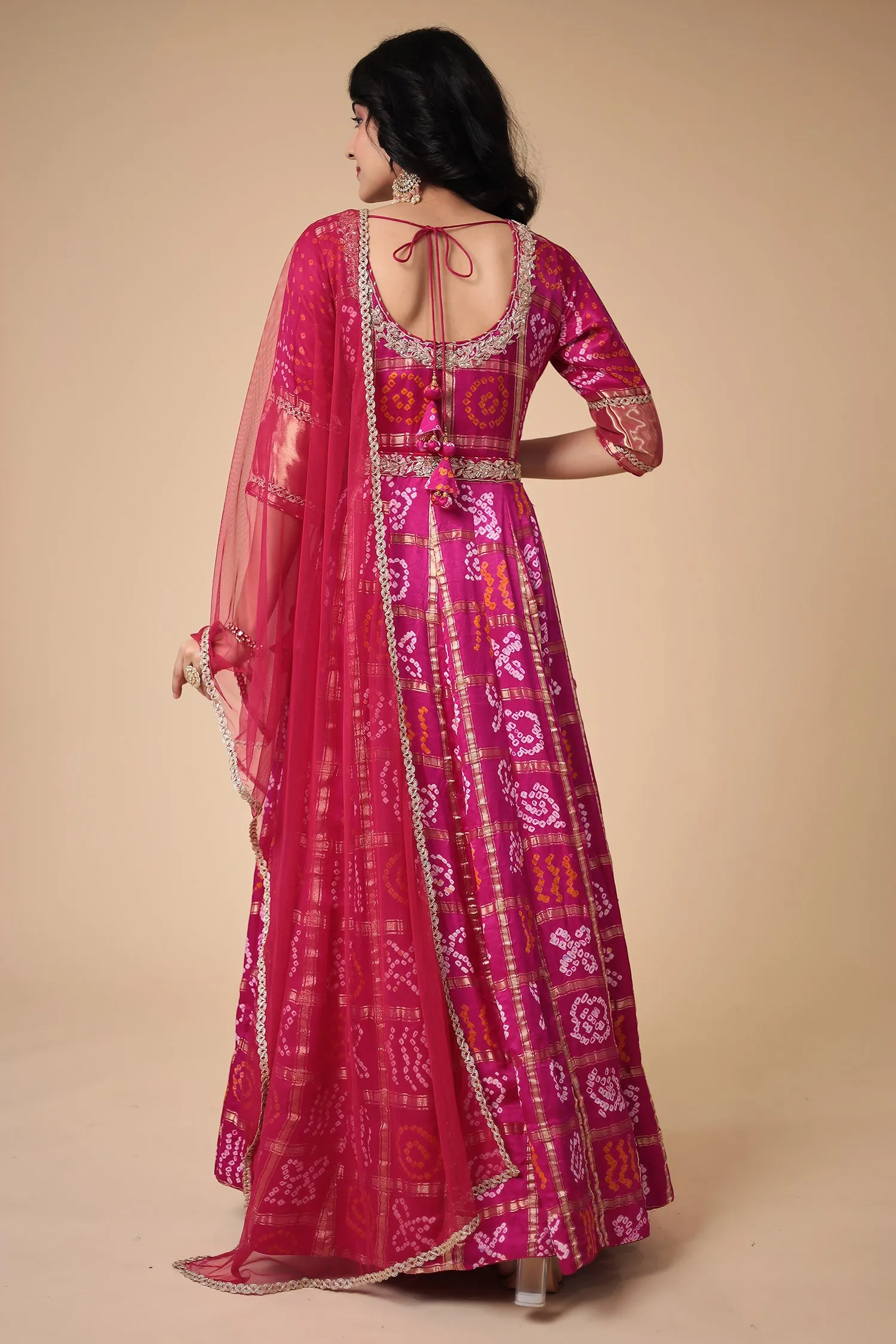 Bandhej Anarkali Ghatchola Silk Suit with Zardozi work