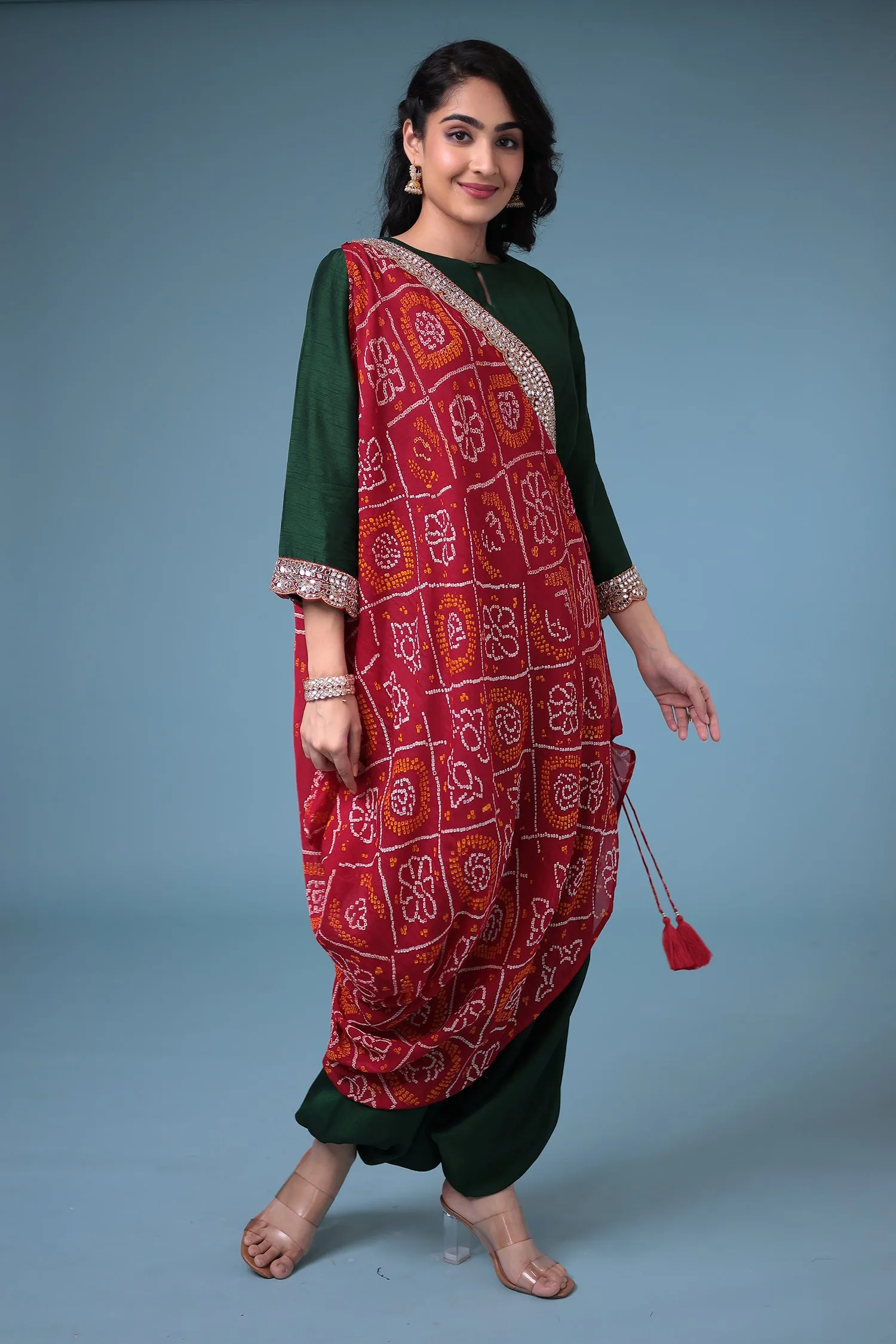 Bandhej Chanderi  Indo Western Embellished  with Mirror work