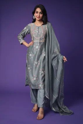 Bandhej Chanderi Silk Suit with Embroidered work