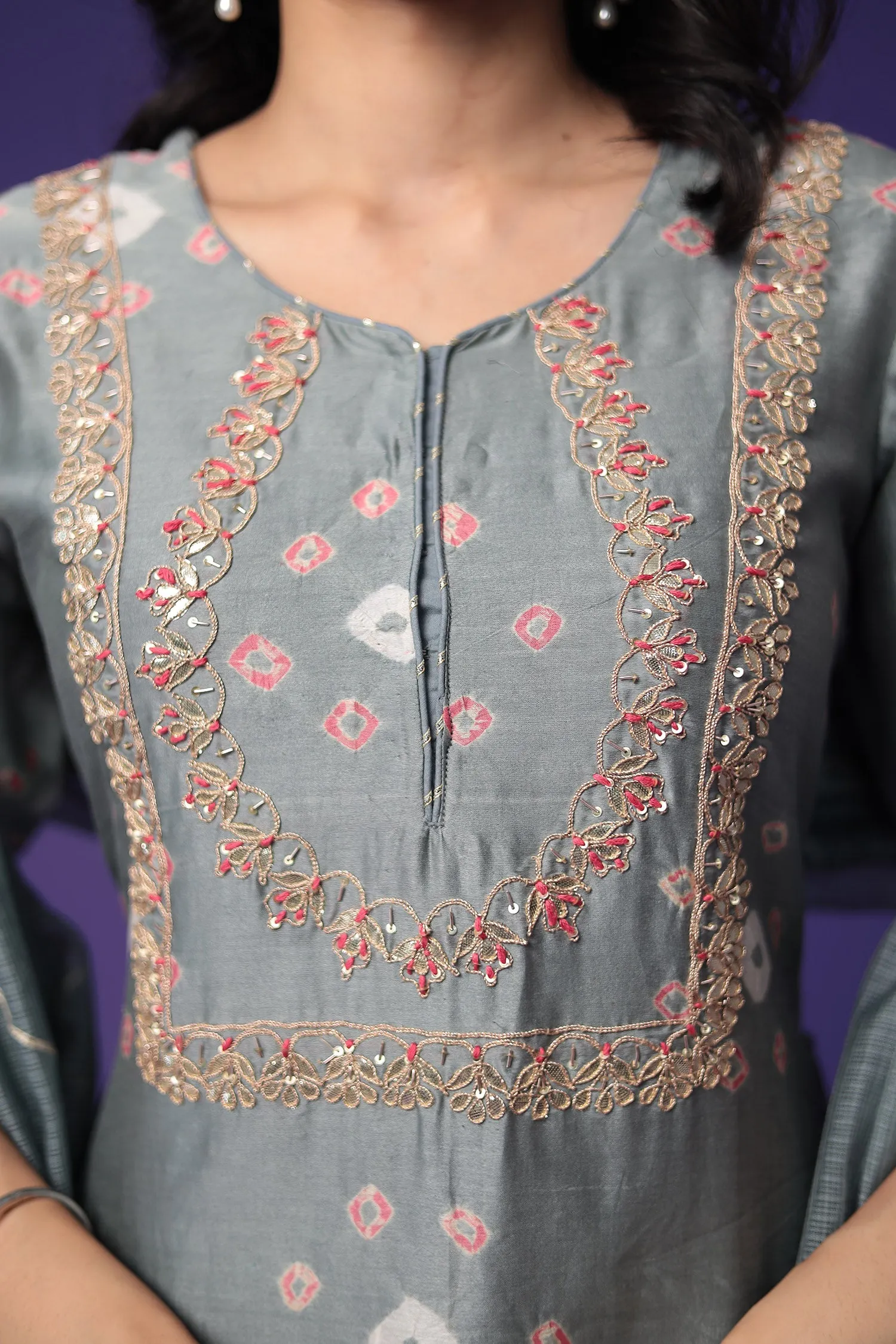 Bandhej Chanderi Silk Suit with Embroidered work