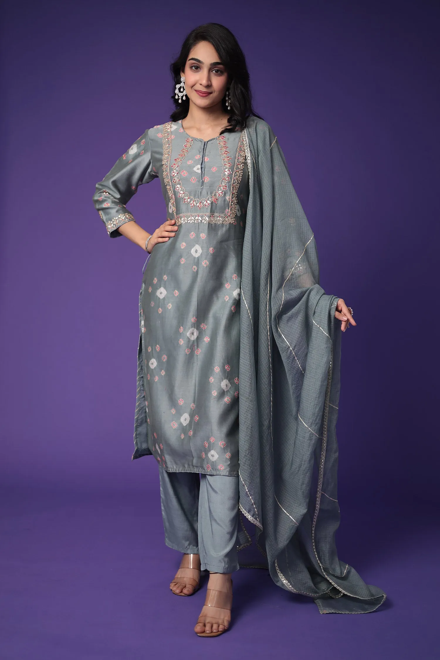 Bandhej Chanderi Silk Suit with Embroidered work