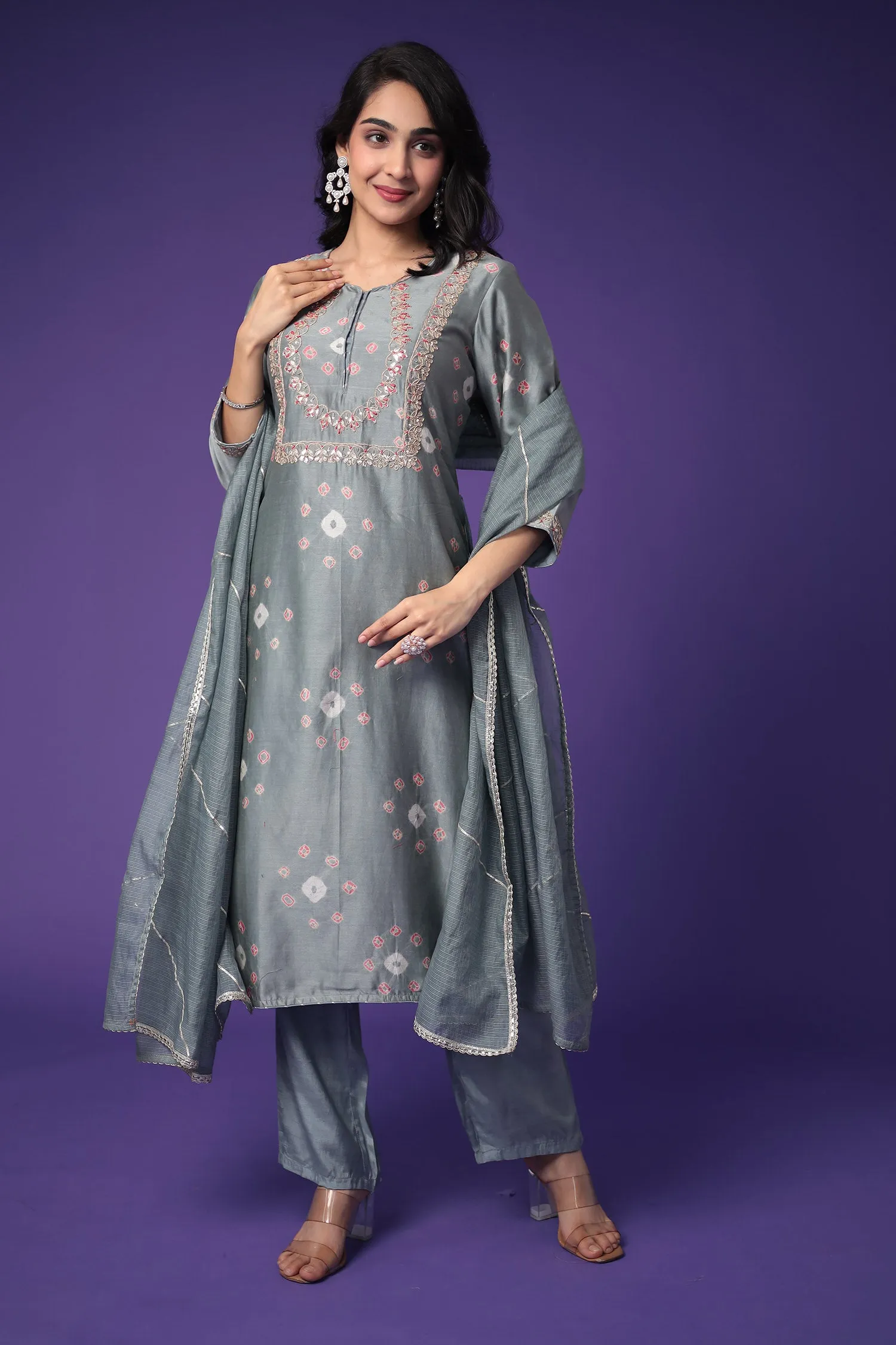 Bandhej Chanderi Silk Suit with Embroidered work