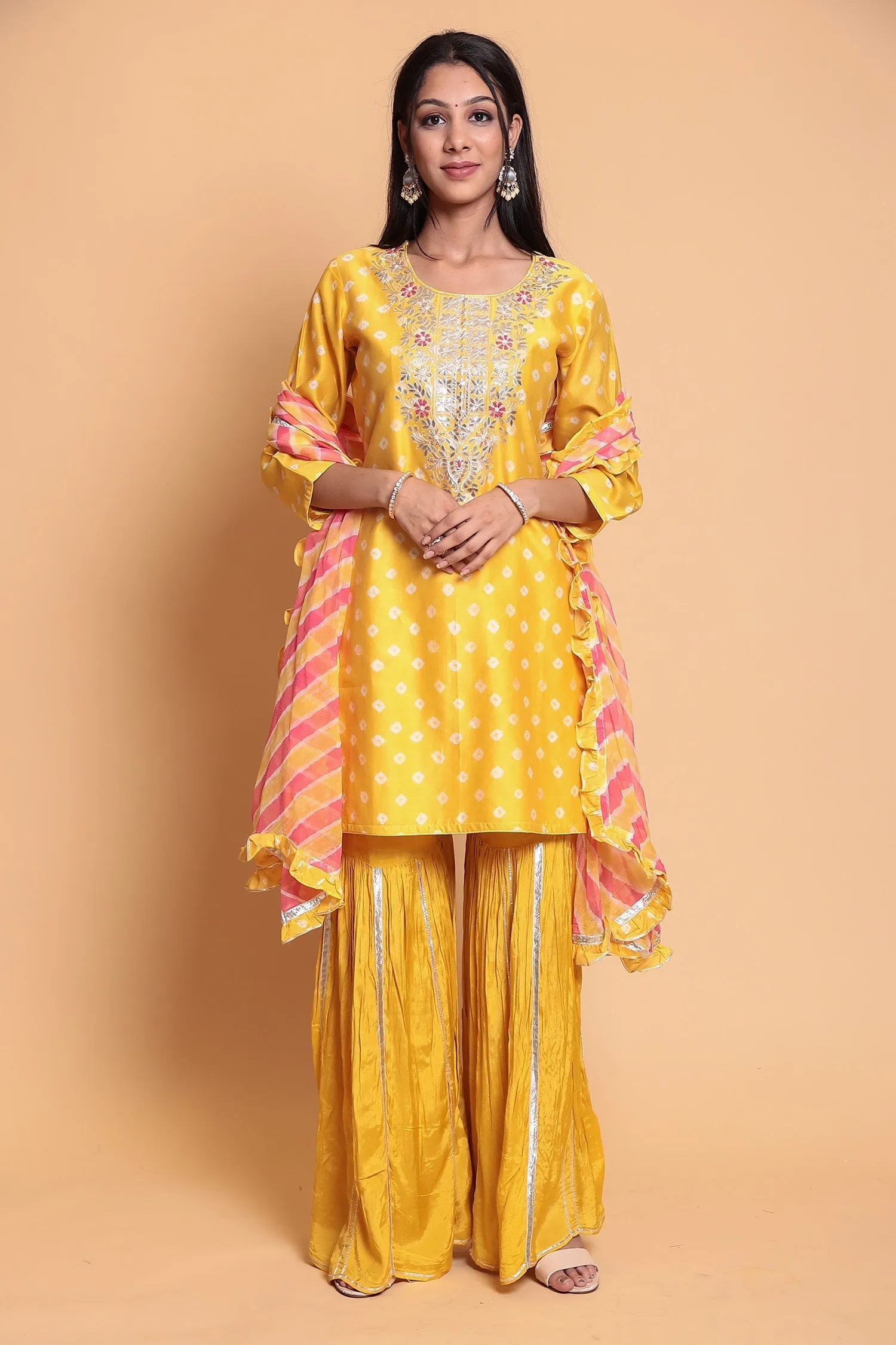 Bandhej Chanderi Suit Stitched with Gota Patti work.