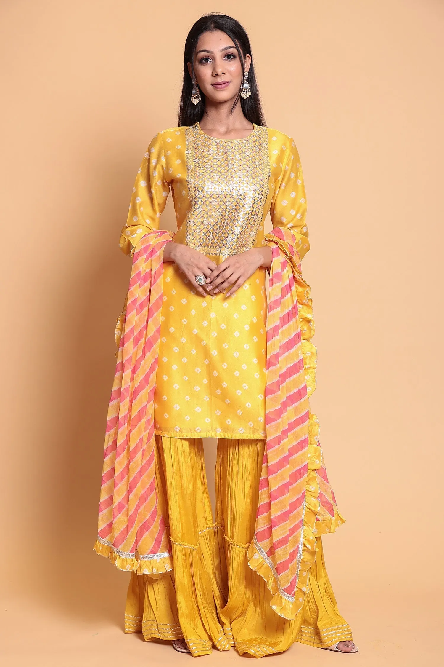 Bandhej Chanderi Suit Stitched with Gota Patti work.