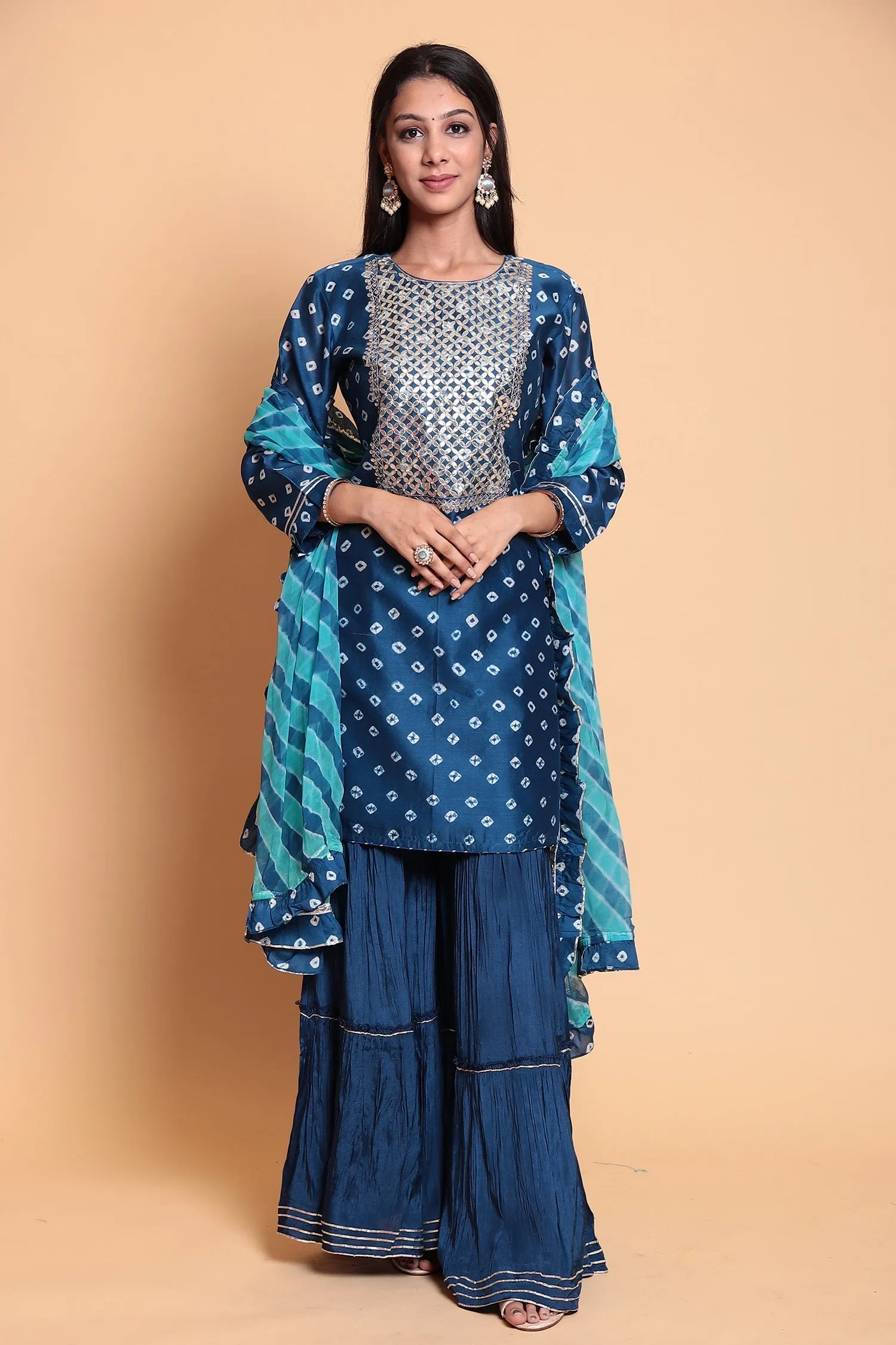 Bandhej Chanderi Suit Stitched with Gota Patti work.