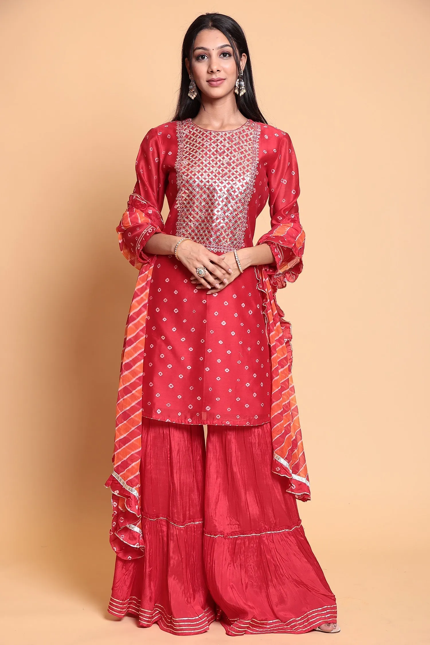 Bandhej Chanderi Suit Stitched with Gota Patti work.