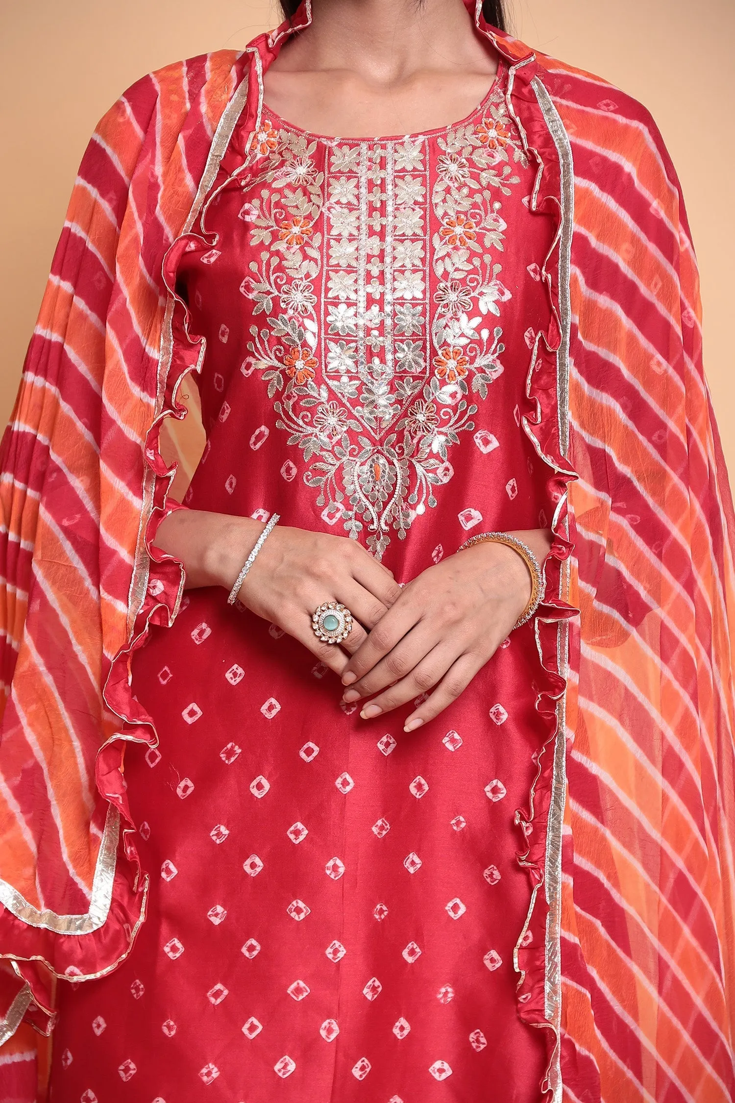 Bandhej Chanderi Suit Stitched with Gota Patti work.