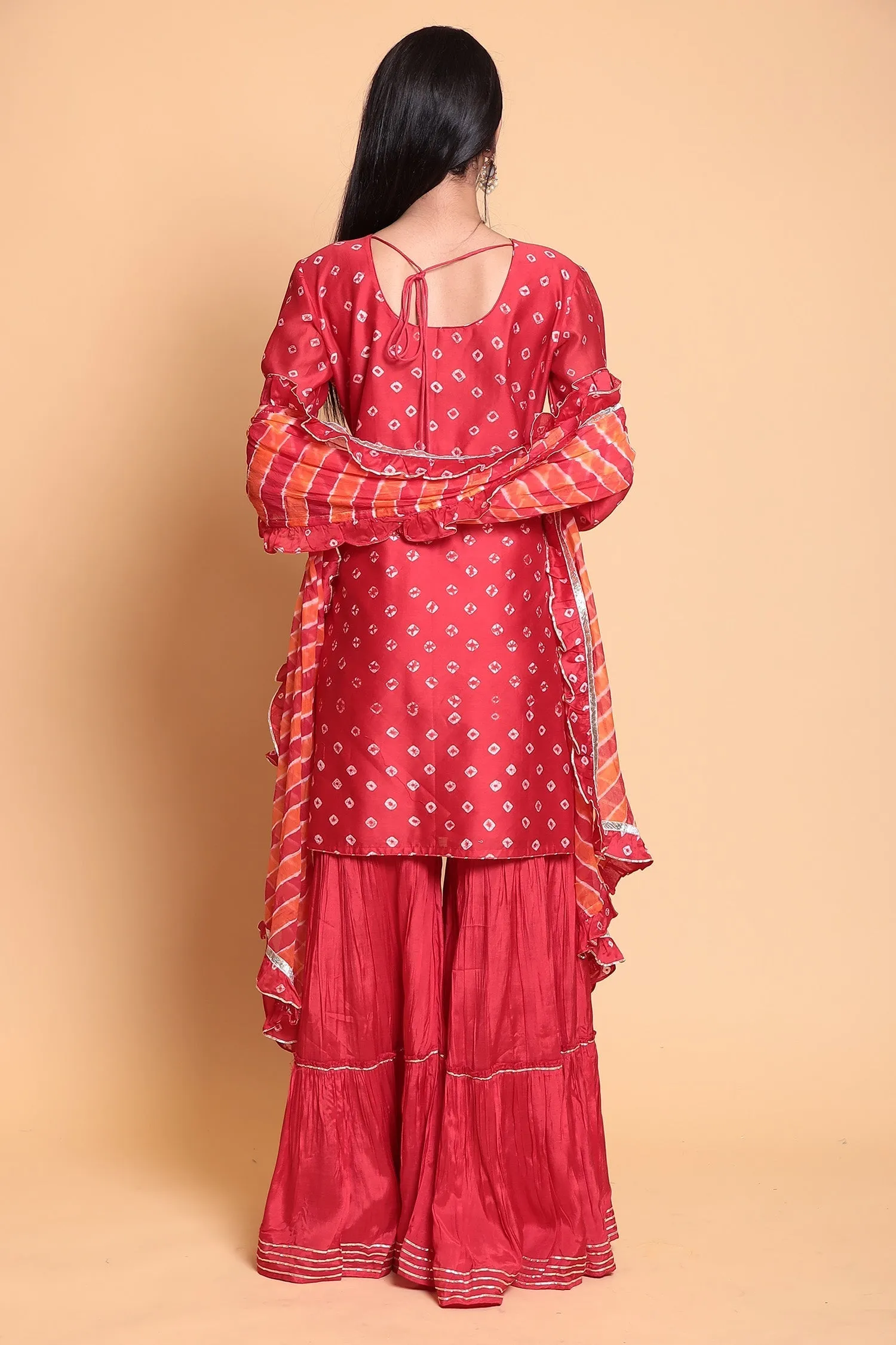 Bandhej Chanderi Suit Stitched with Gota Patti work.