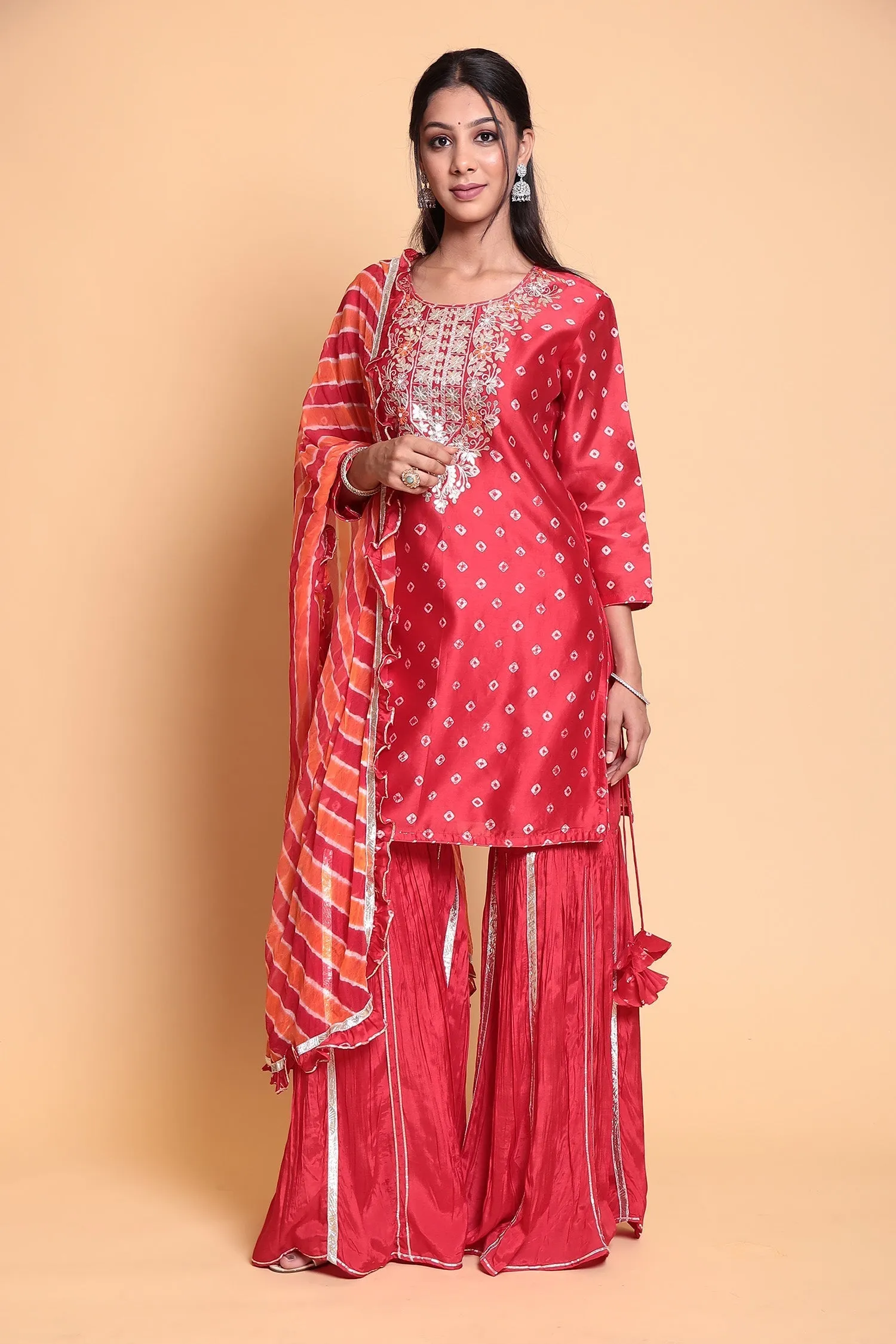 Bandhej Chanderi Suit Stitched with Gota Patti work.