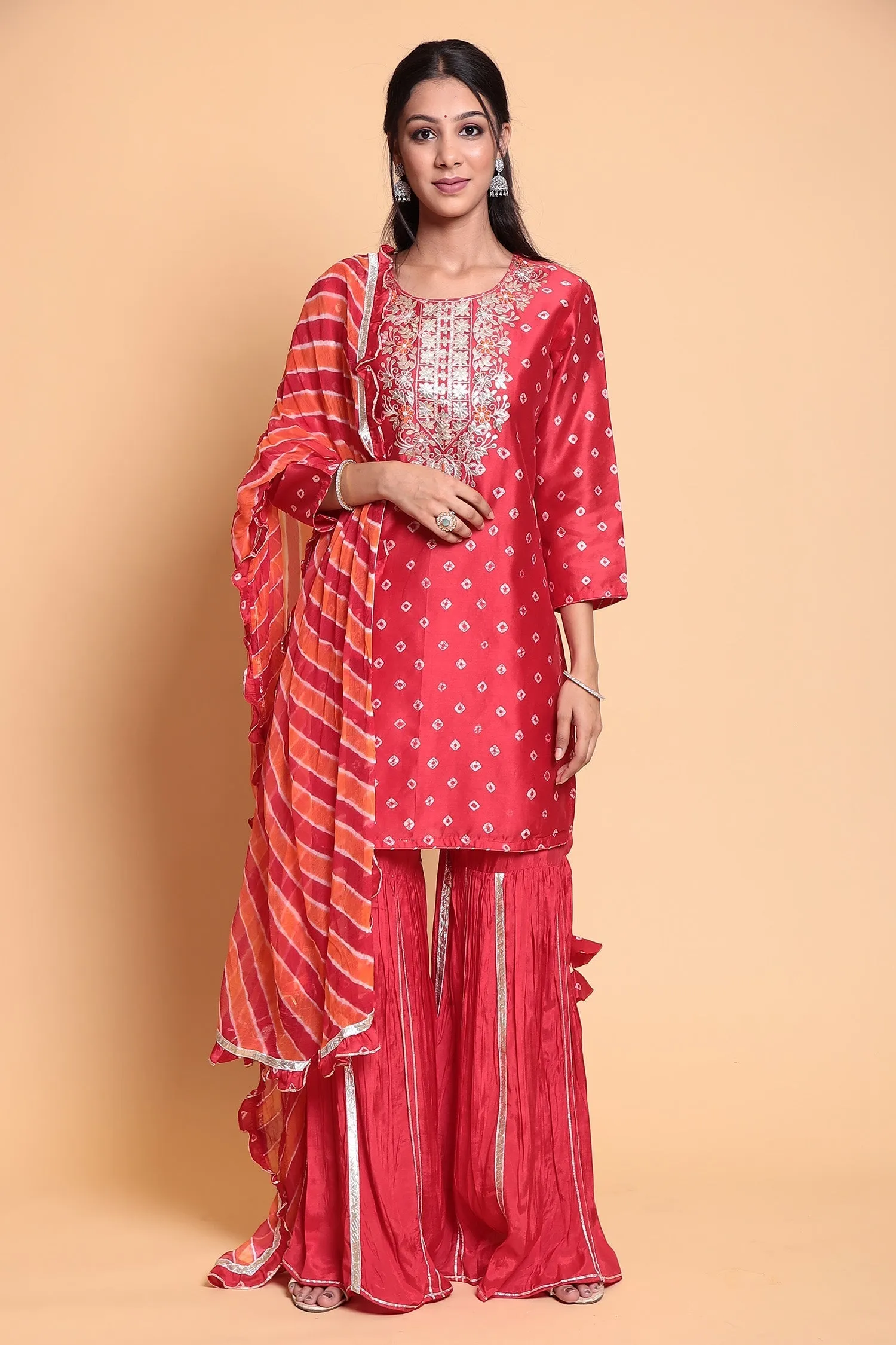 Bandhej Chanderi Suit Stitched with Gota Patti work.