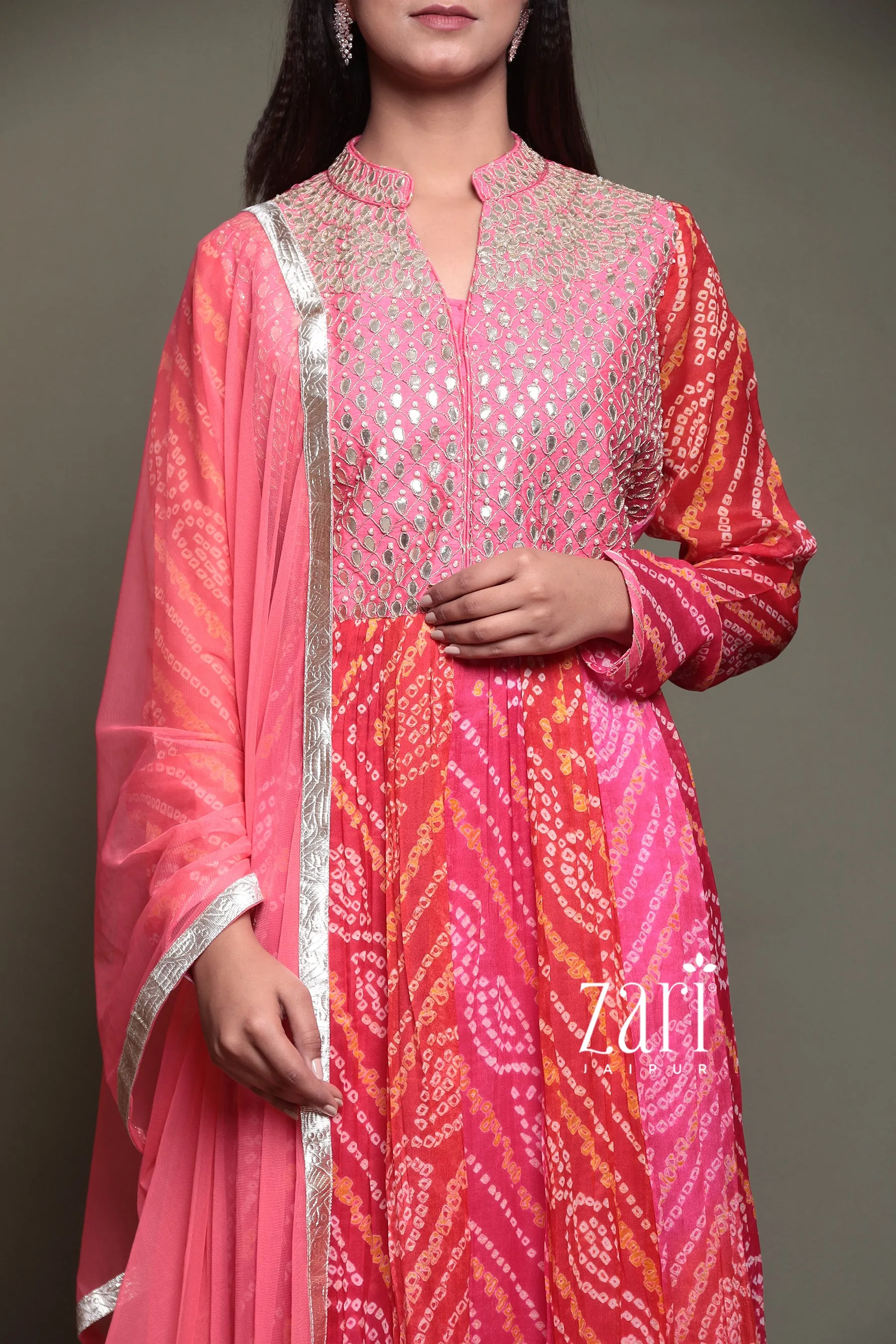 Bandhej Chinon silk Suit with Gota Patti, Pearl, Thread work.