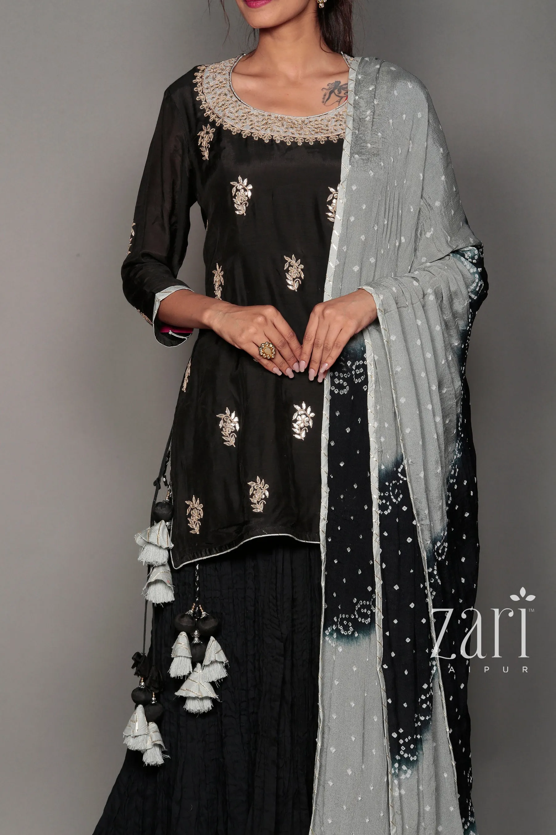 Bandhej Cotton silk Suit with Gota Patti work.