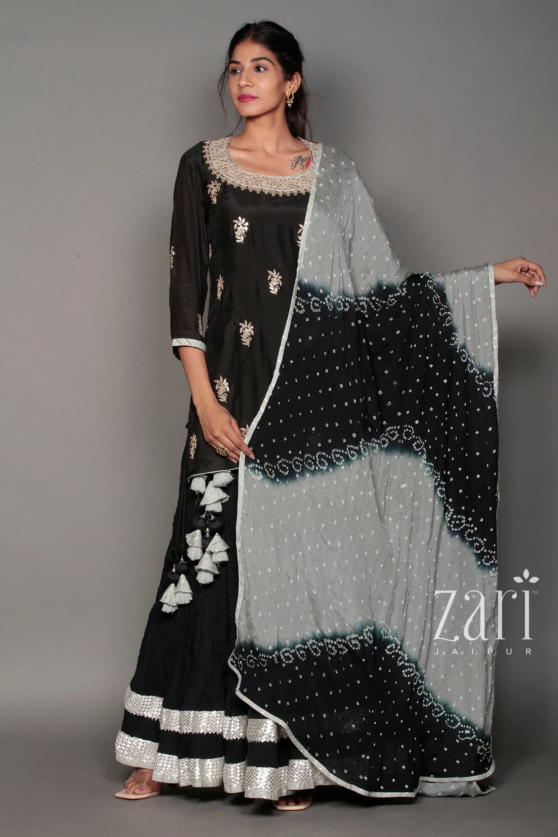 Bandhej Cotton silk Suit with Gota Patti work.